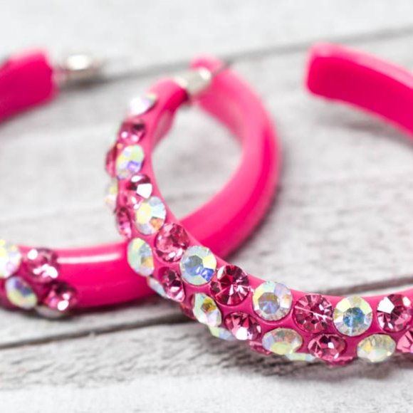2" Pink Diagonal AB/Pink Rhinestones Hoop Earrings - Picture 9 of 9